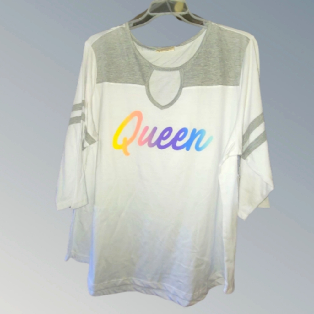 New "Queen" 3/4 Sleeve Shirt~Lightweight~Keyhole Neck~Rainbow~3X